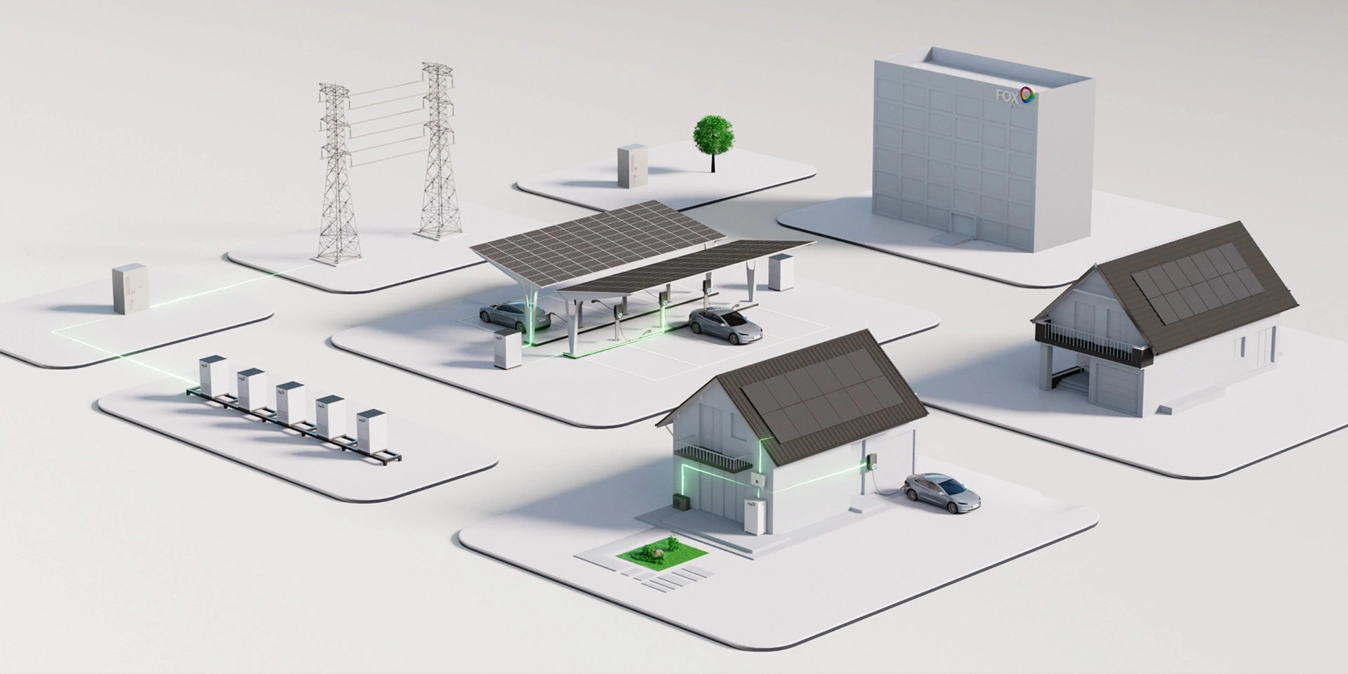 Fox ESS home energy solution with rooftop solar panels, battery storage, heat pump and EV charging